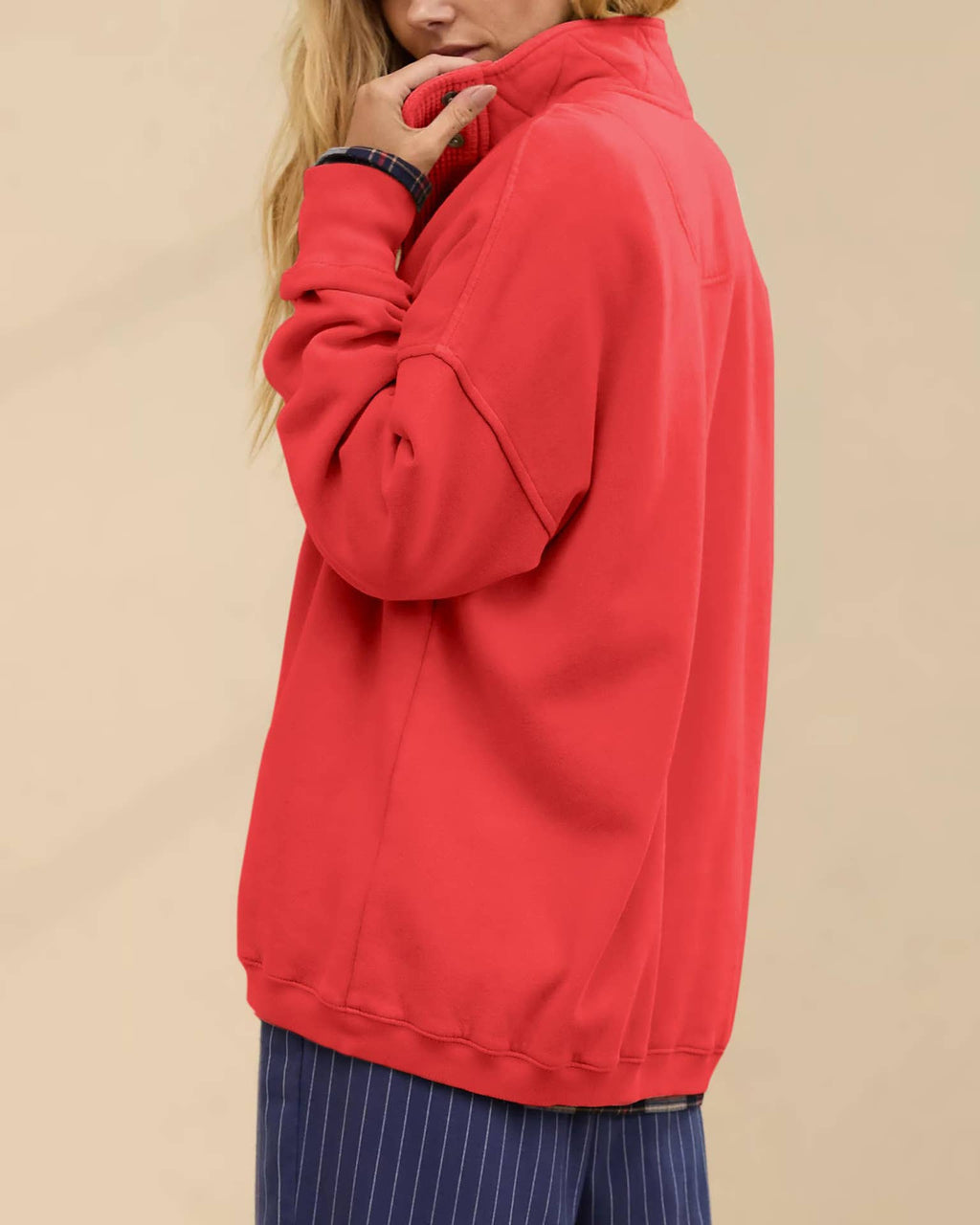 Women's Red Snap-Button Mock Neck Sweatshirt