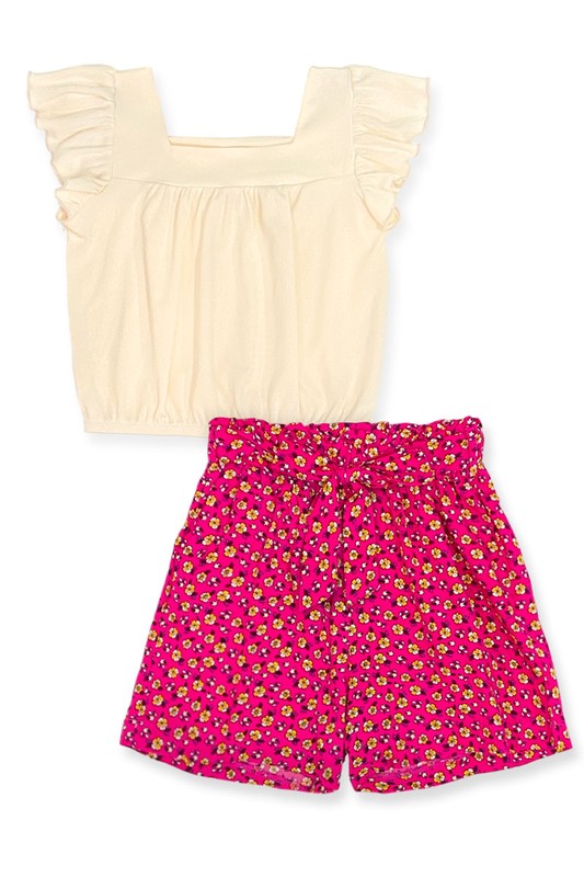 Girl's 2 pc Floral Short Set W/ Bow Tie Front