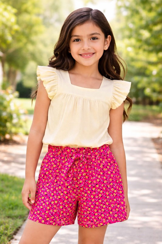 Girl's 2 pc Floral Short Set W/ Bow Tie Front
