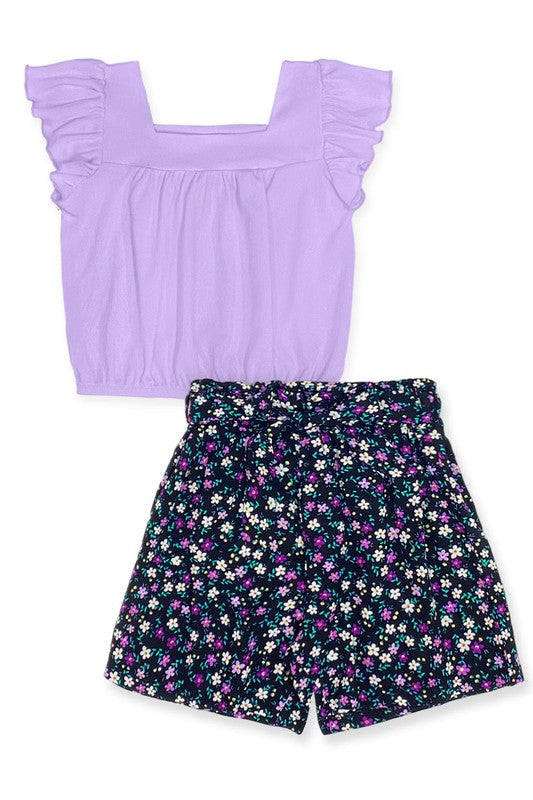 Girl's 2 pc Floral Short Set W/ Bow Tie Front