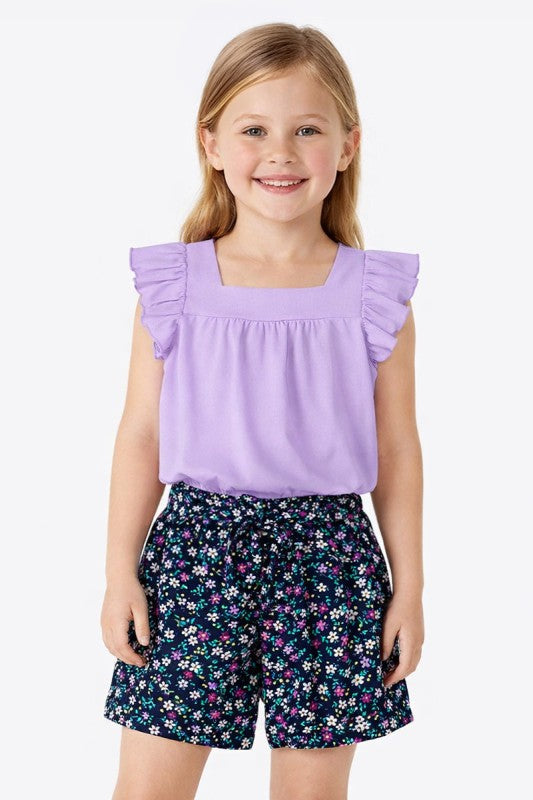 Girl's 2 pc Floral Short Set W/ Bow Tie Front