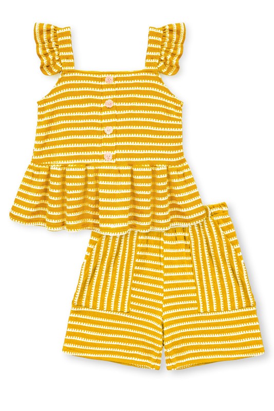 Girl's 2 pc Stripe Short Set W/ Ruffle Shoulder