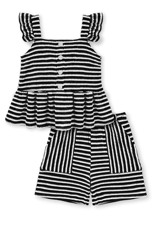 Girl's 2 pc Stripe Short Set W/ Ruffle Shoulder