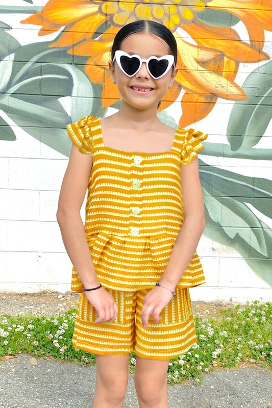 Girl's 2 pc Stripe Short Set W/ Ruffle Shoulder