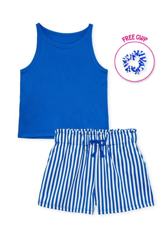 2 Piece Royal Stripe Short Set W/ Matiching Scrunchie (Kids)