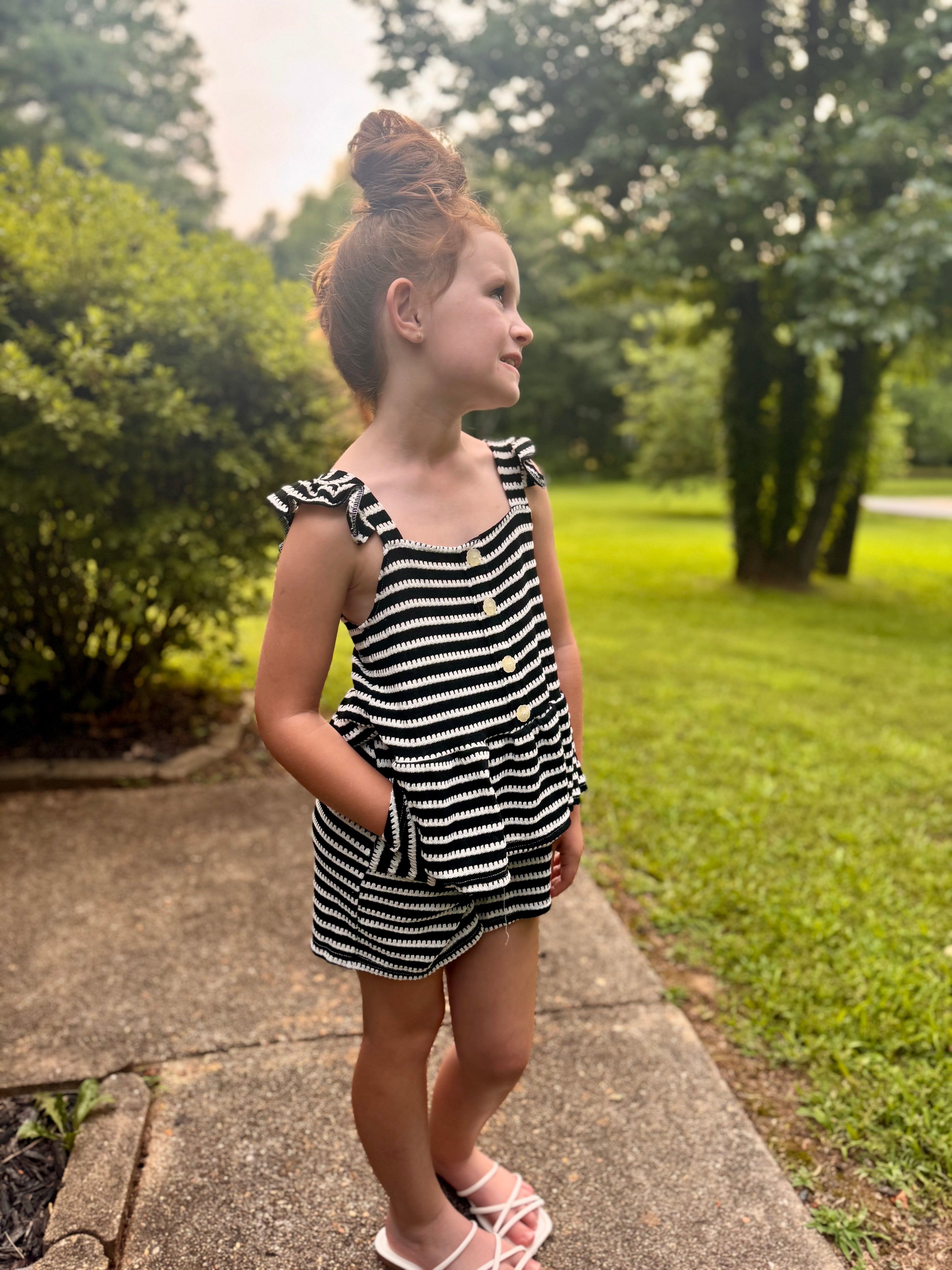 Girl's 2 pc Stripe Short Set W/ Ruffle Shoulder