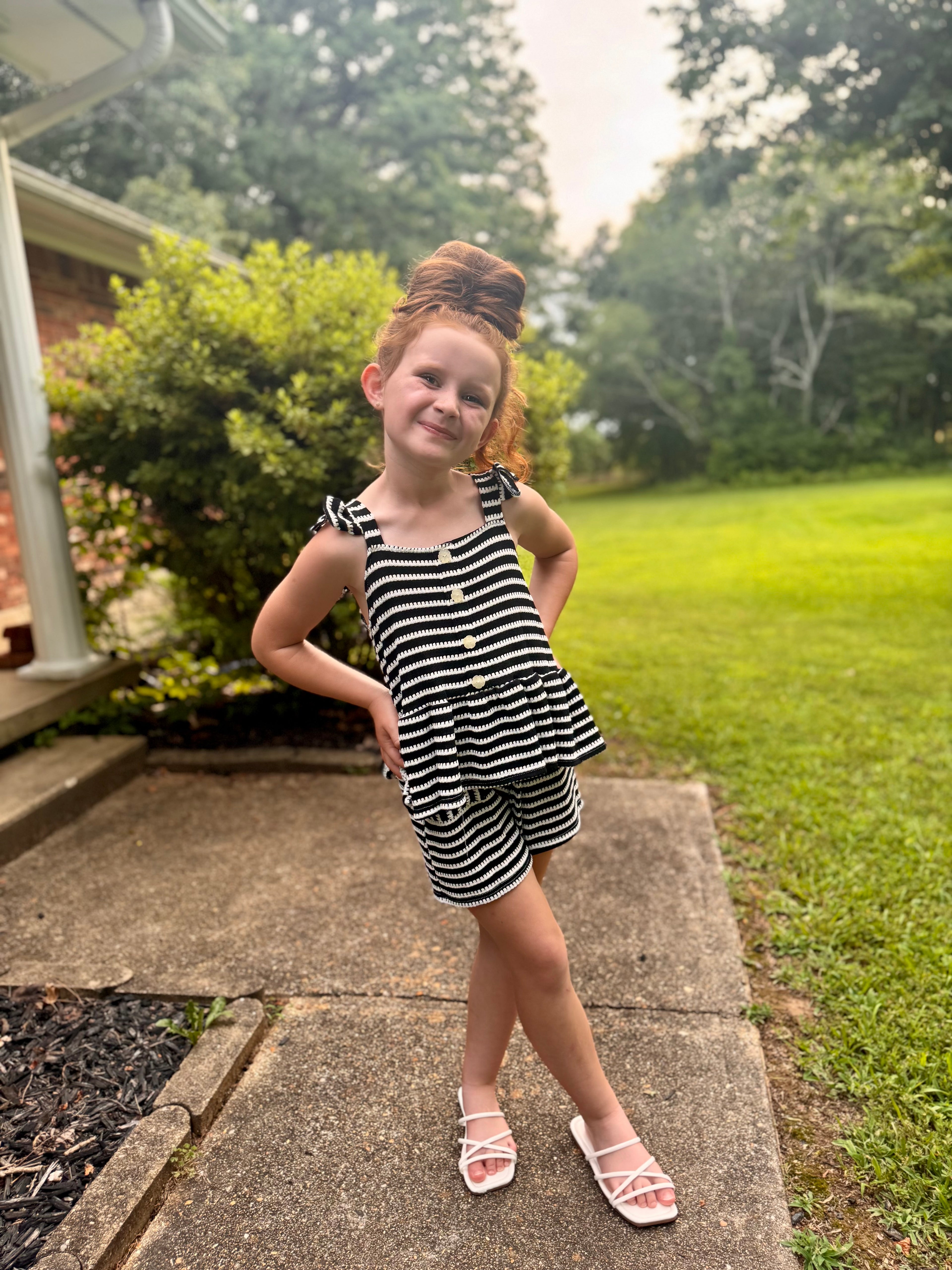 Girl's 2 pc Stripe Short Set W/ Ruffle Shoulder