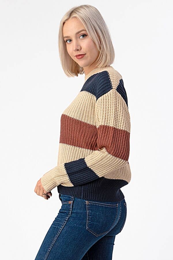 Wide Stripe Knit Sweater with Round Neck