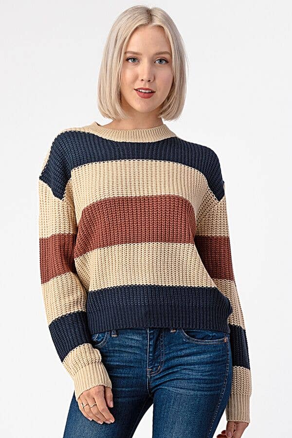 Wide Stripe Knit Sweater with Round Neck
