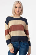 Wide Stripe Knit Sweater with Round Neck