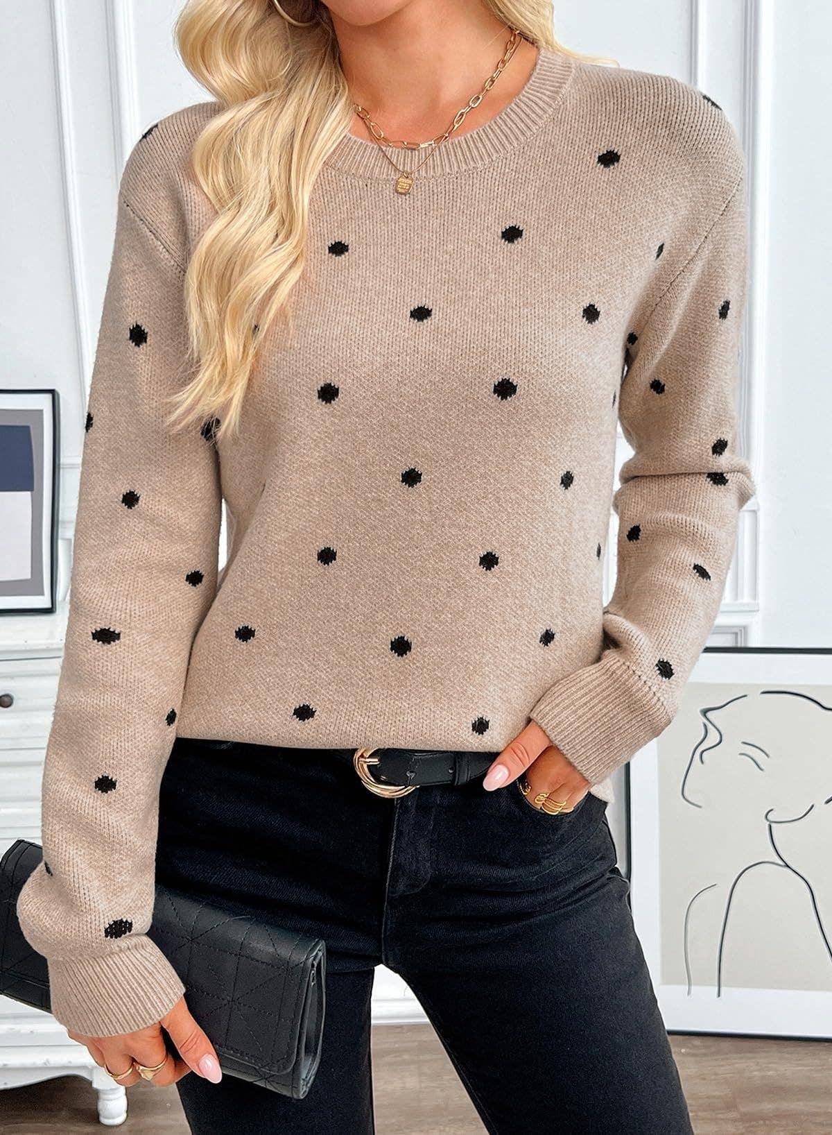 Women's Beige & Black Polka Dot Crewneck Sweater