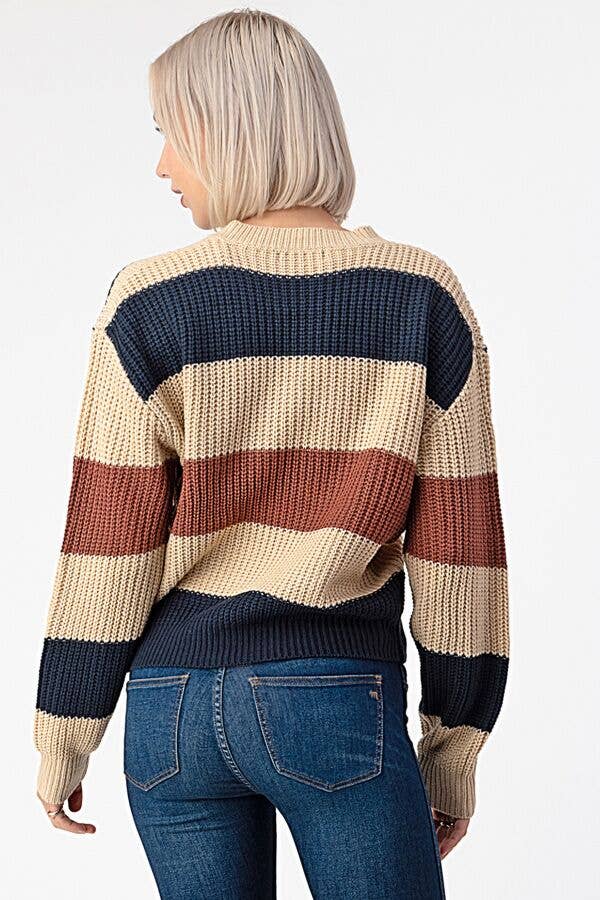 Wide Stripe Knit Sweater with Round Neck