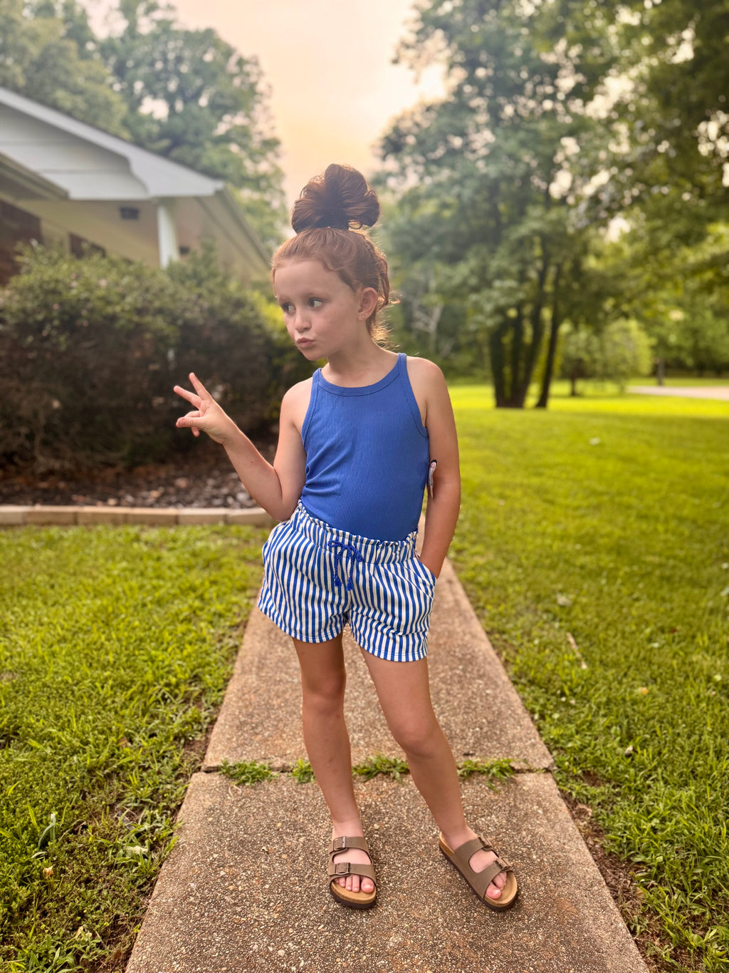 2 Piece Royal Stripe Short Set W/ Matiching Scrunchie (Kids)