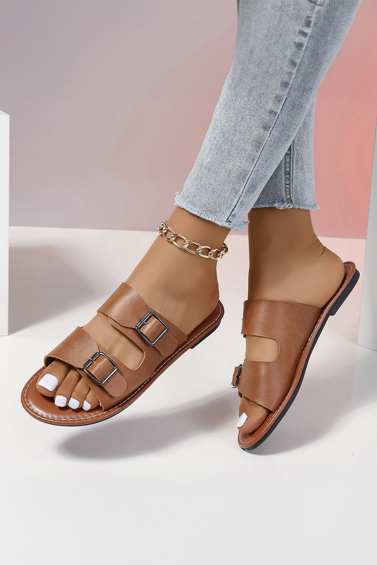 Double Buckle Flat Sandals