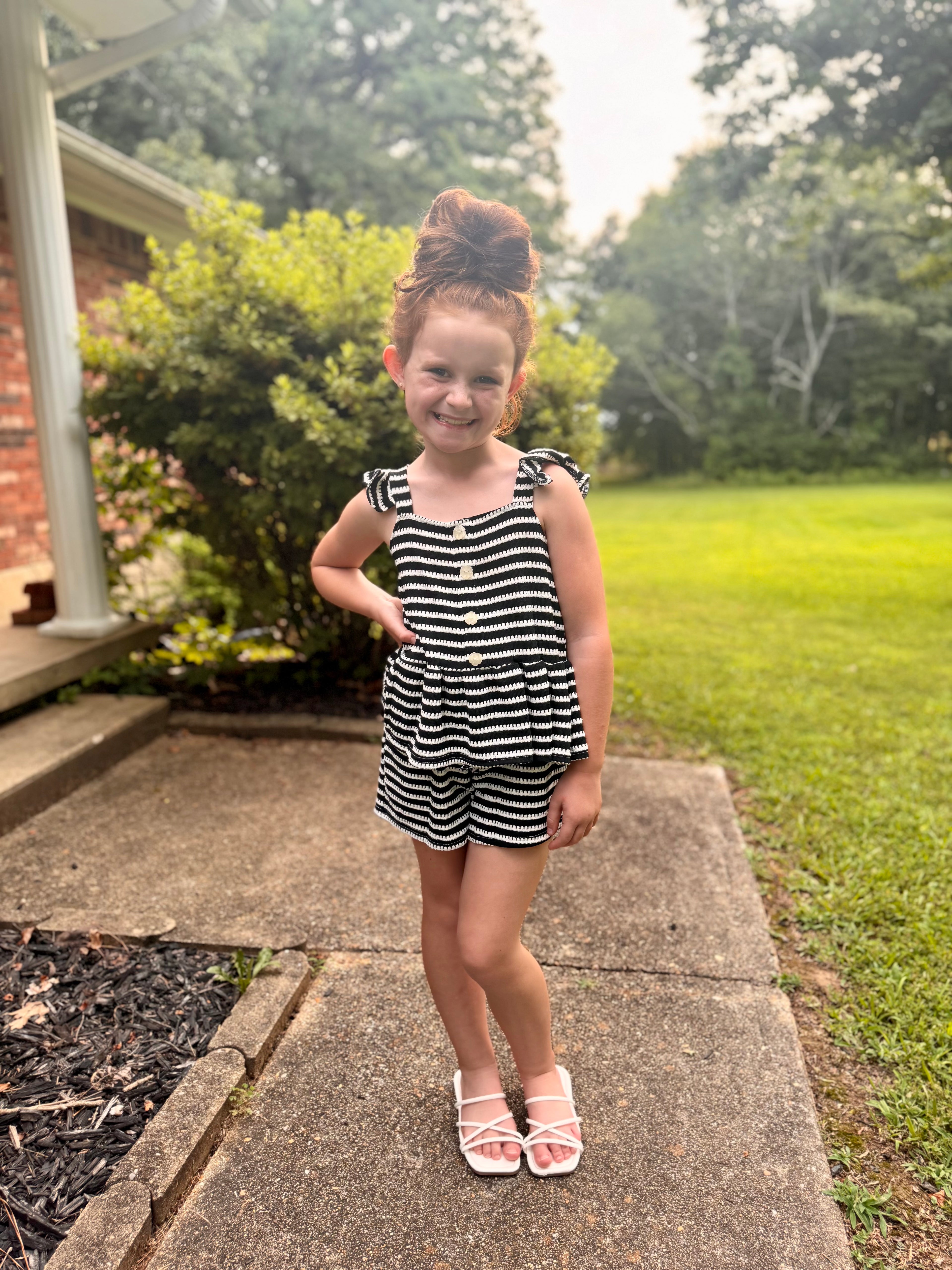 Girl's 2 pc Stripe Short Set W/ Ruffle Shoulder