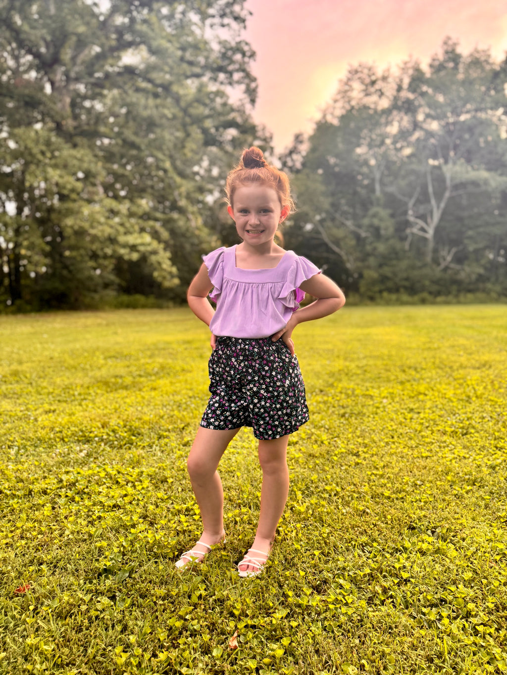 Girl's 2 pc Floral Short Set W/ Bow Tie Front