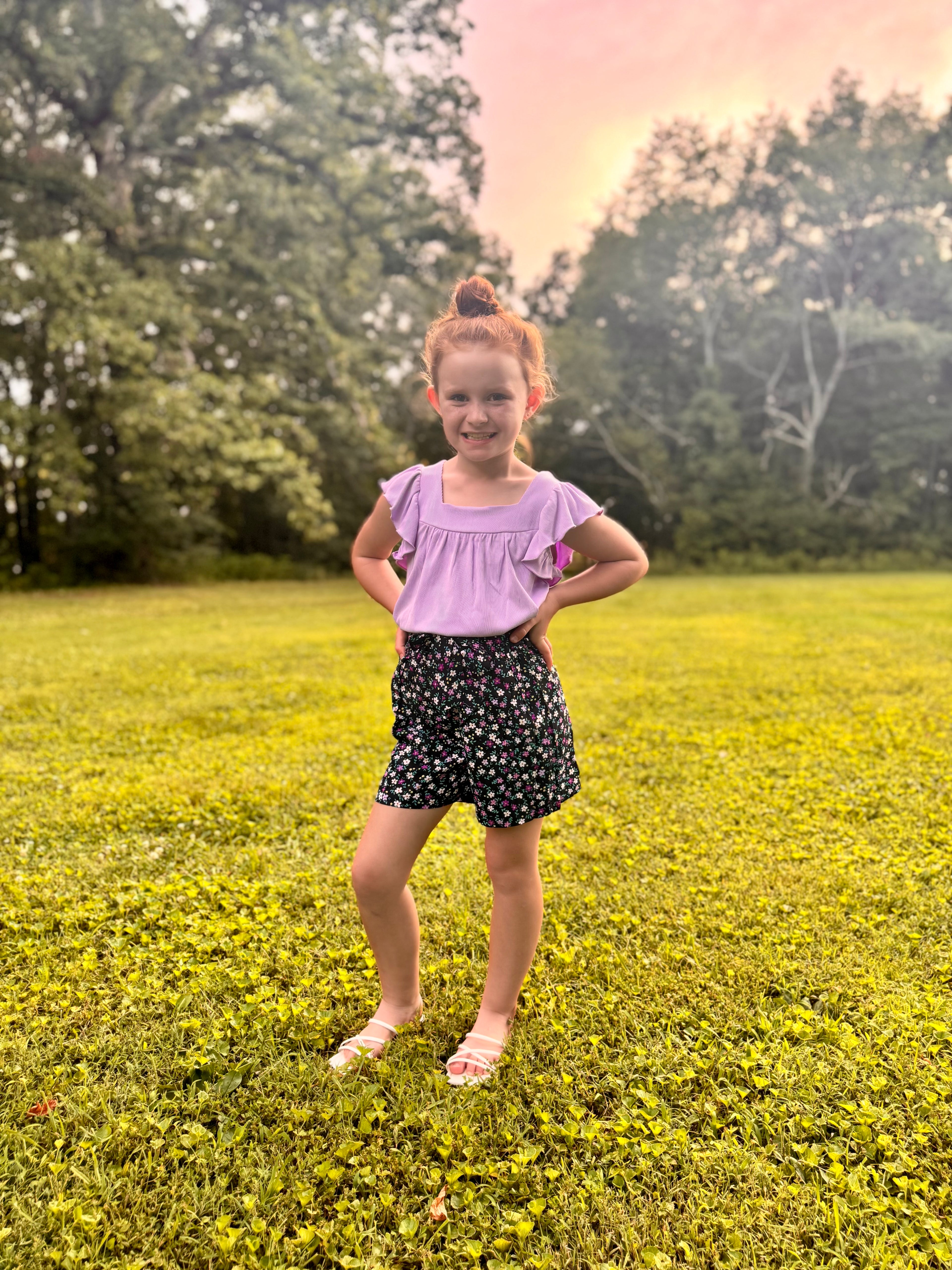 Girl's 2 pc Floral Short Set W/ Bow Tie Front