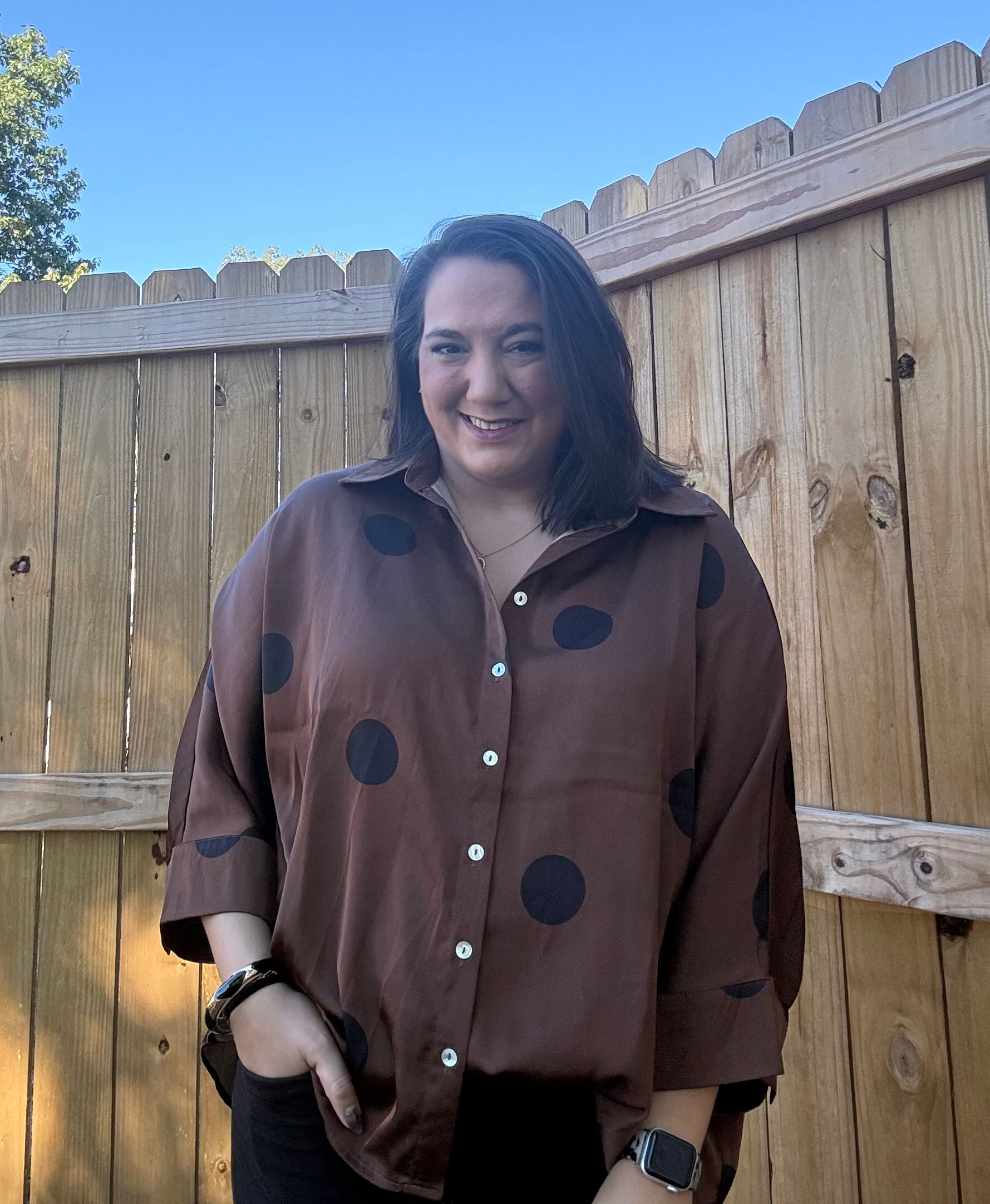 Entro Brown & Black Polka Dot Button-Front Top