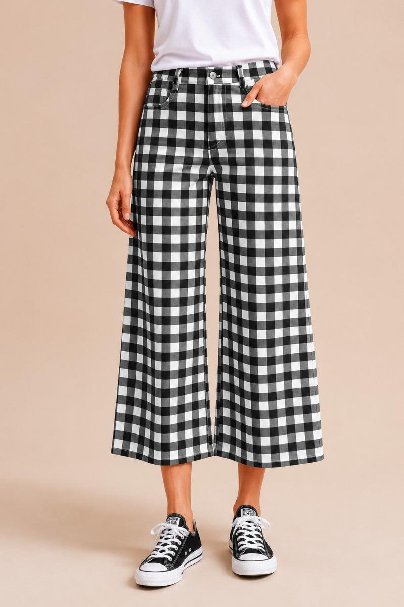 AnnieWear High-Rise Gingham Wide-Leg Cropped Jeans