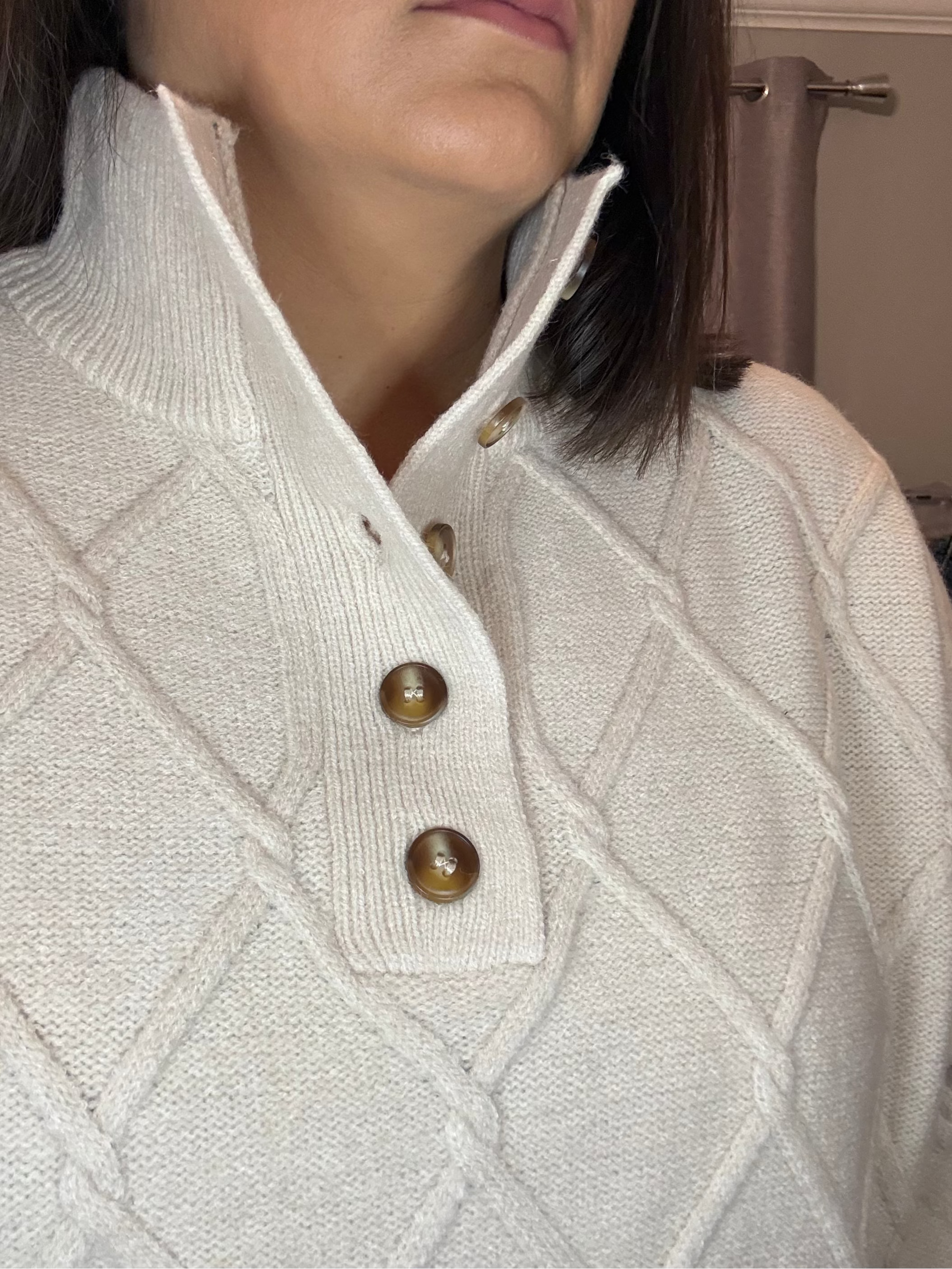 Diamond-Texture ¾-Sleeve Sweater in Ecru & Pine