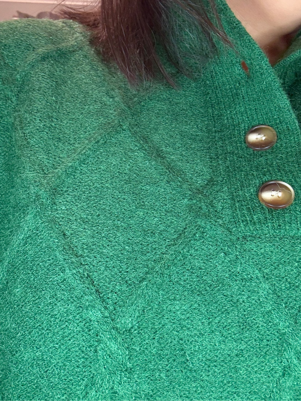 Diamond-Texture ¾-Sleeve Sweater in Ecru & Pine
