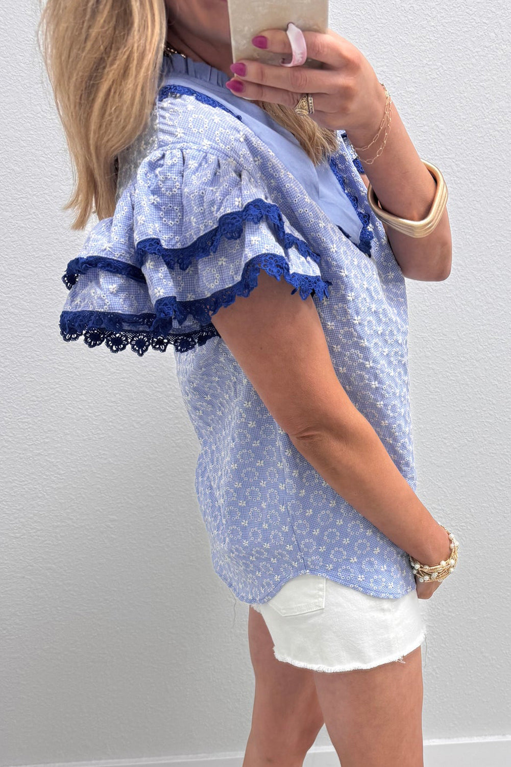 Blue Eyelet Embroidered Blouse