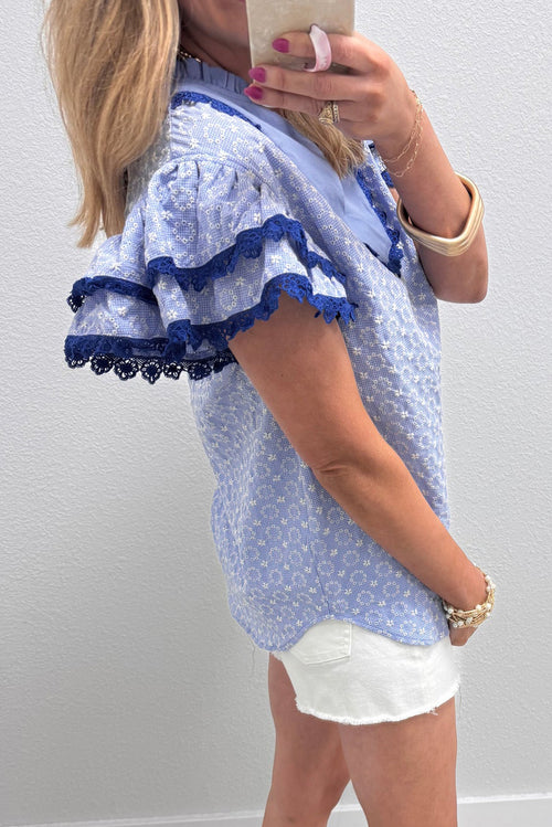 Blue Eyelet Embroidered Blouse
