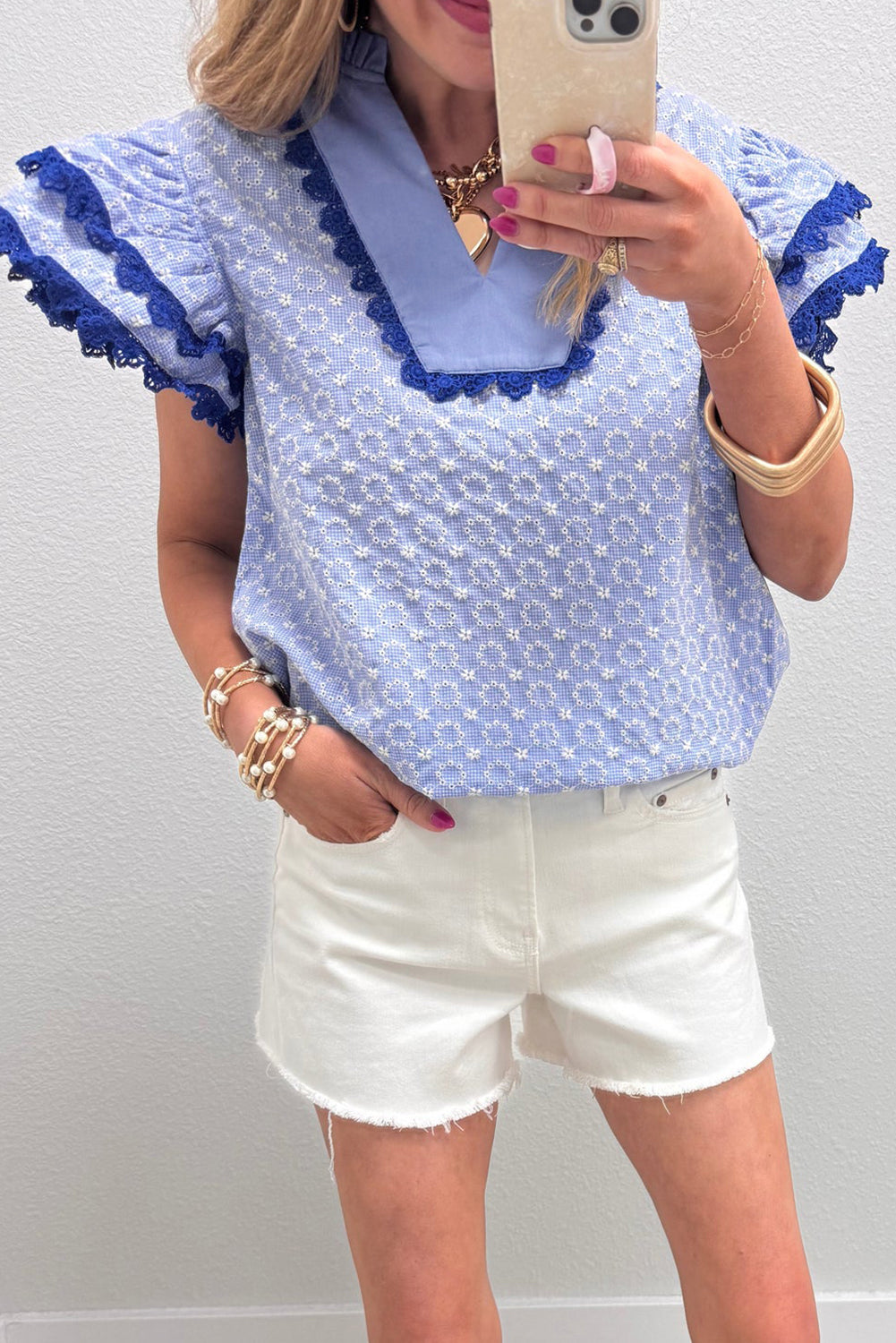 Blue Eyelet Embroidered Blouse