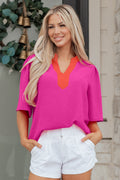 Pink & Orange Contrast V Neck Blouse