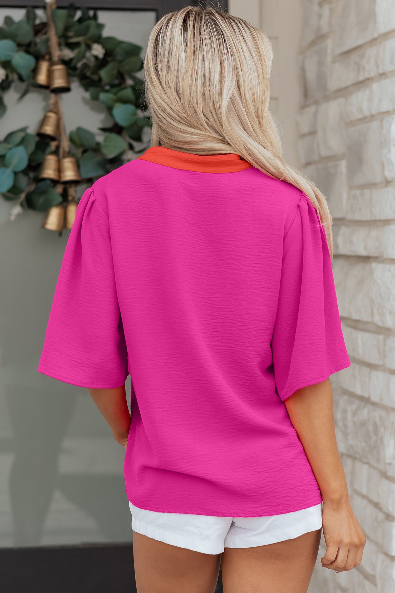 Pink & Orange Contrast V Neck Blouse