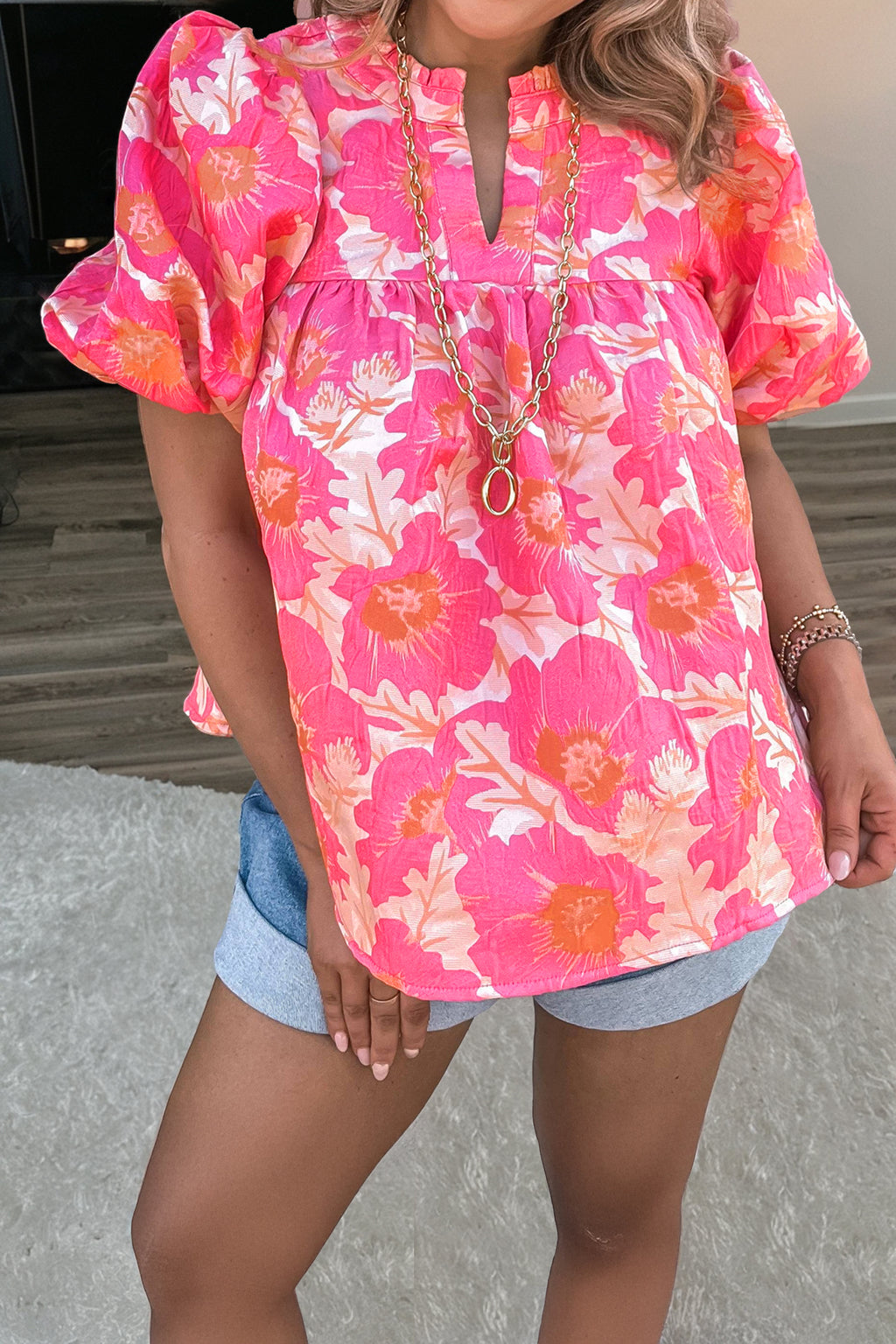 Pink Floral Puff Sleeve Shirt