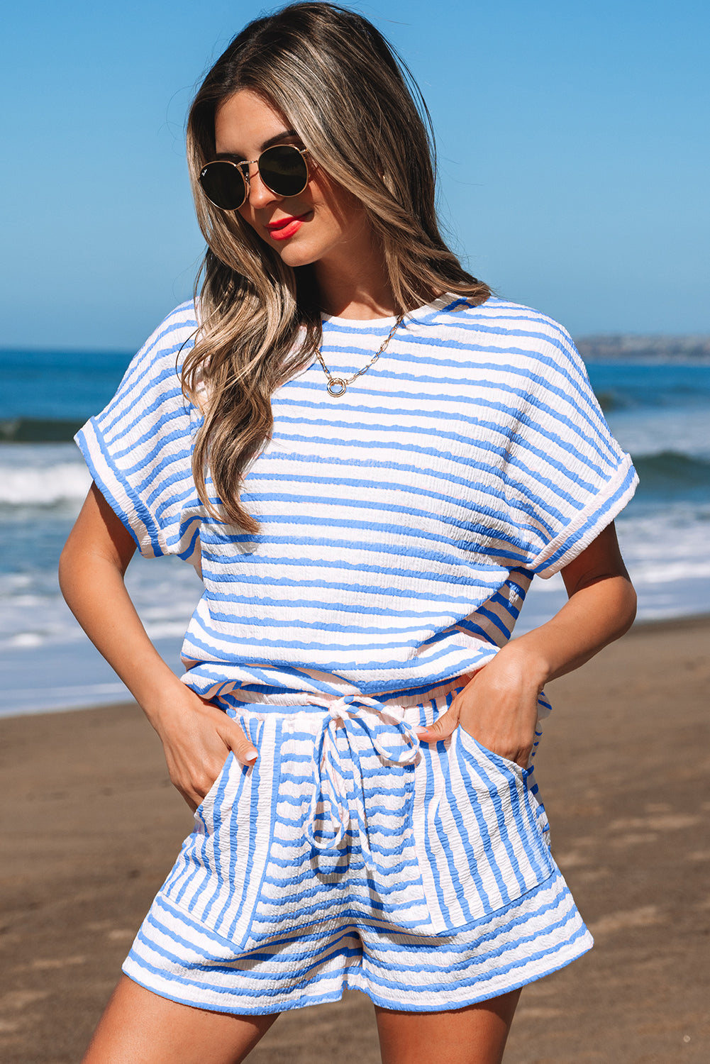 Sky Blue Stripe Short Set
