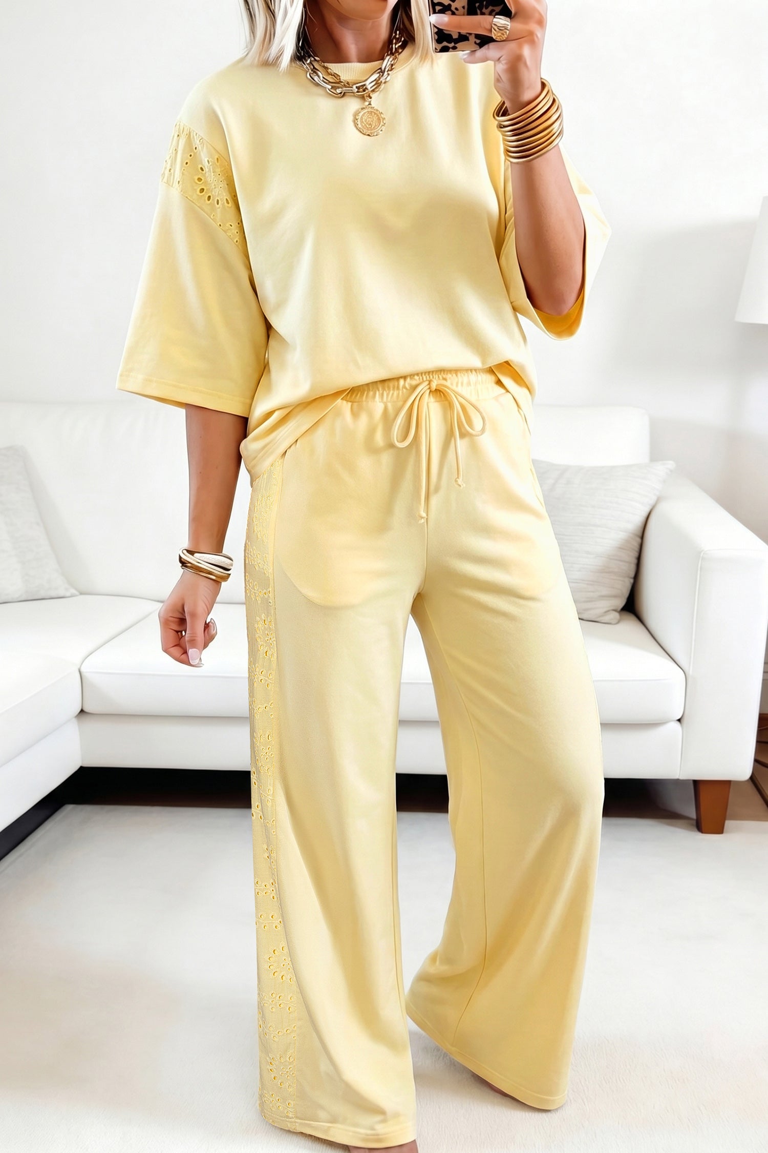 Yellow Cream Eyelet Pant Set