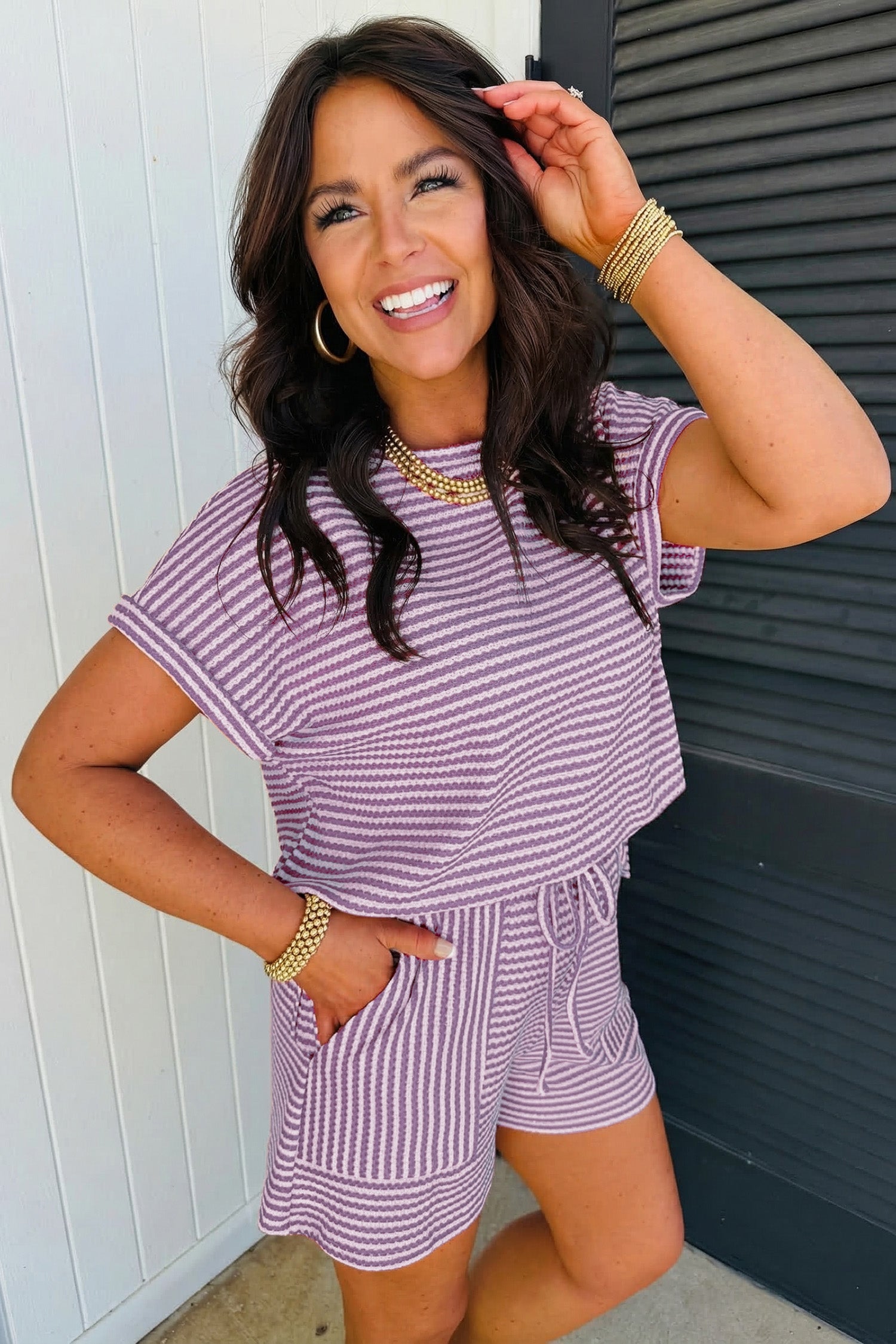 Purple Stripe Textured Knit Set