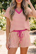 Pink & Yellow Stripe V Neck Set