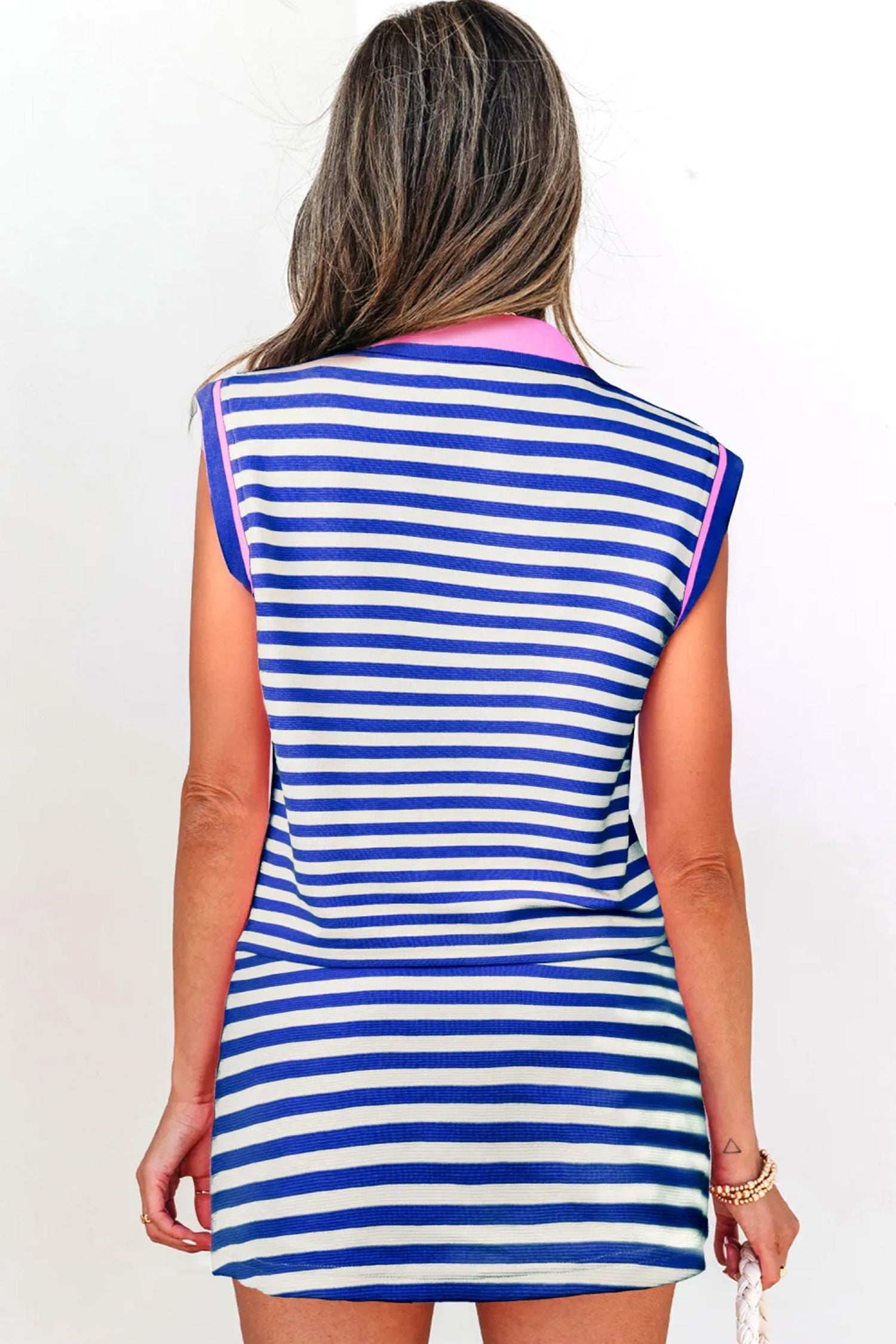 Blue Stripe Zip Collar Tank and Skort Set
