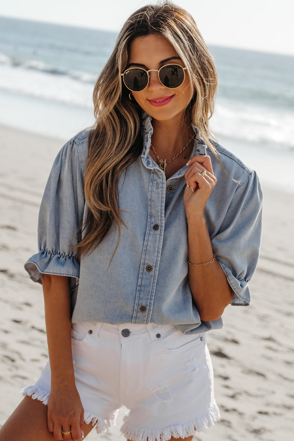 Chambray Ruffle Top