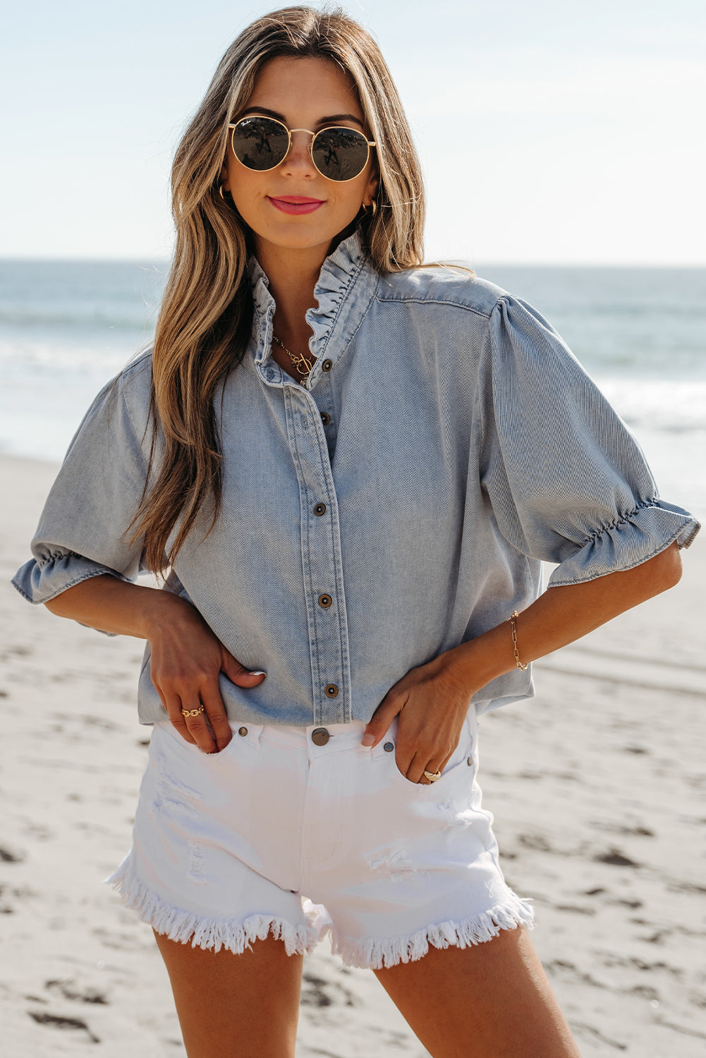 Chambray Ruffle Top