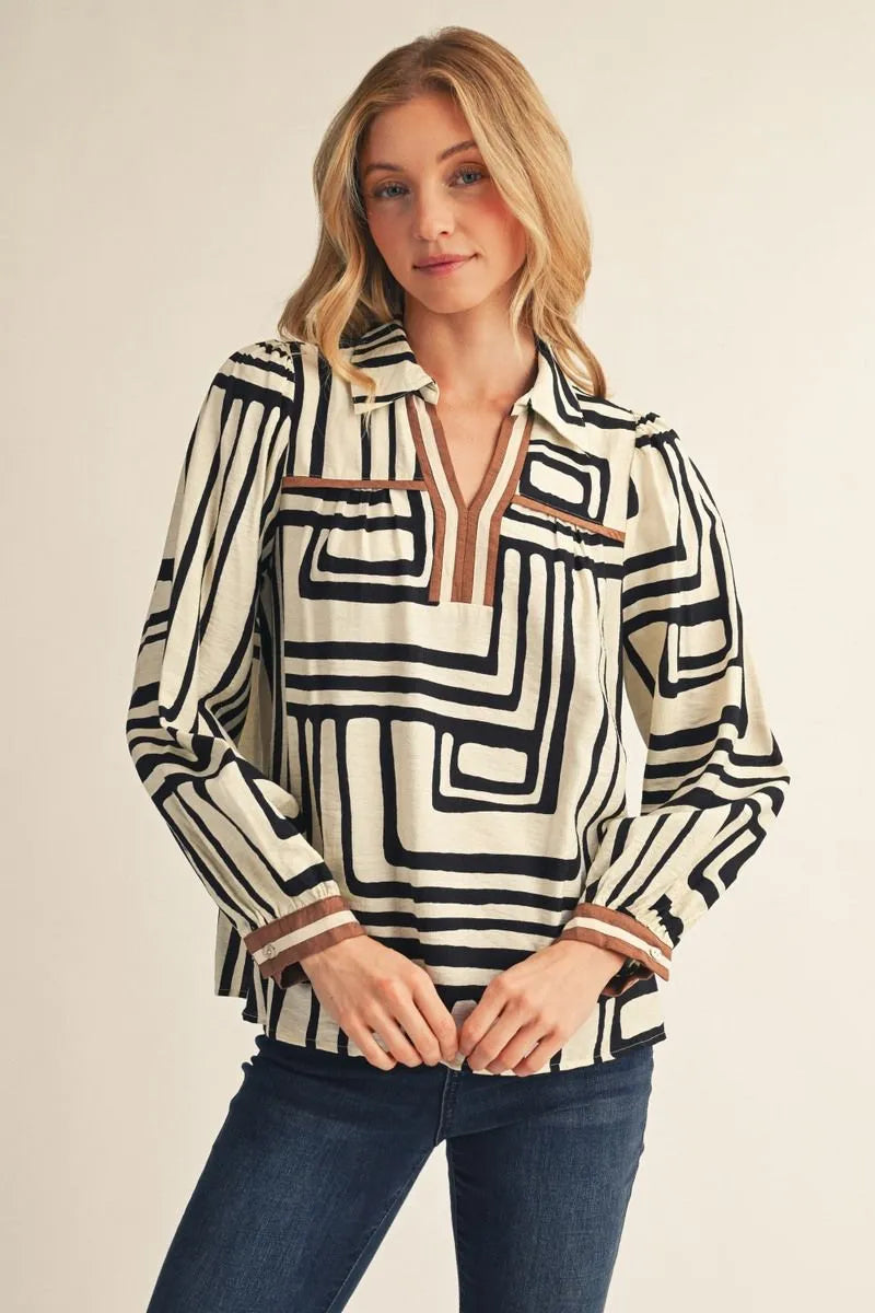 Jodifl Neutral Geo Print Notched V-Neck Long-Sleeve Top