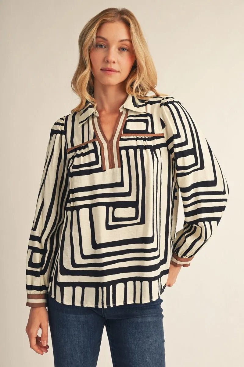 Jodifl Neutral Geo Print Notched V-Neck Long-Sleeve Top