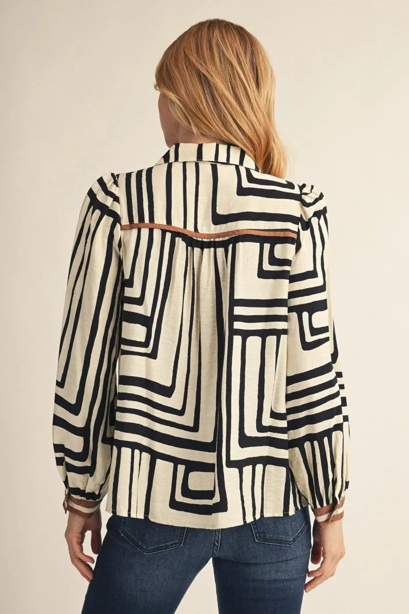 Jodifl Neutral Geo Print Notched V-Neck Long-Sleeve Top