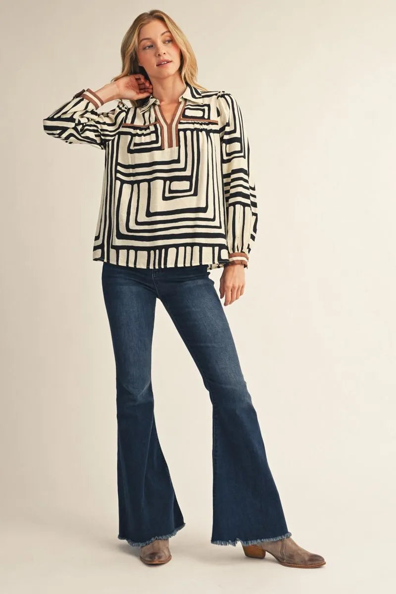 Jodifl Neutral Geo Print Notched V-Neck Long-Sleeve Top