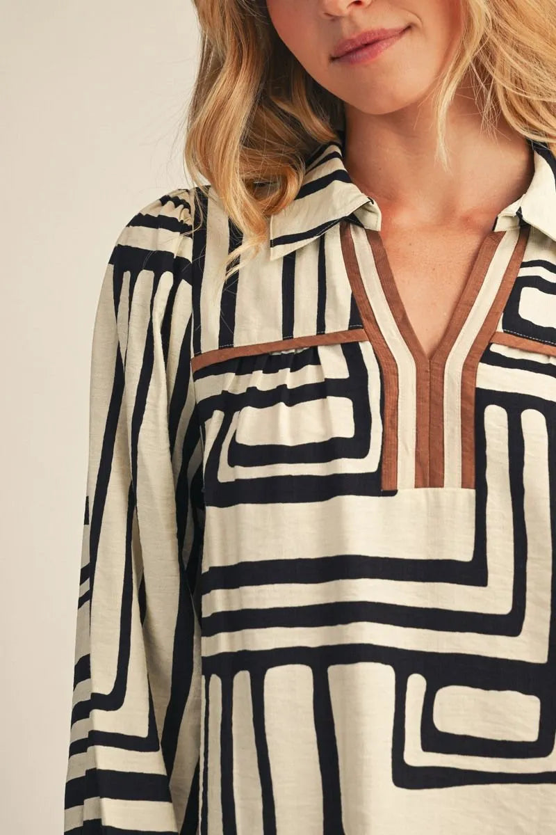 Jodifl Neutral Geo Print Notched V-Neck Long-Sleeve Top