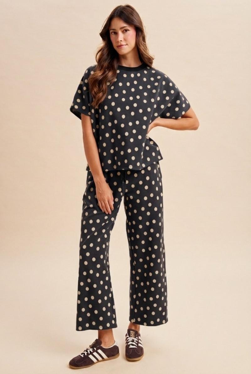 Polka Dot Knit Two-Piece Set with Wide-Leg Pants