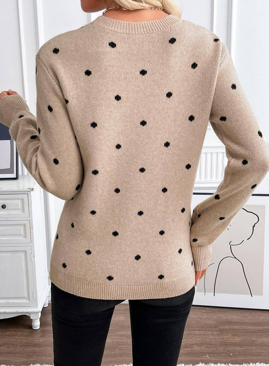 Women's Beige & Black Polka Dot Crewneck Sweater
