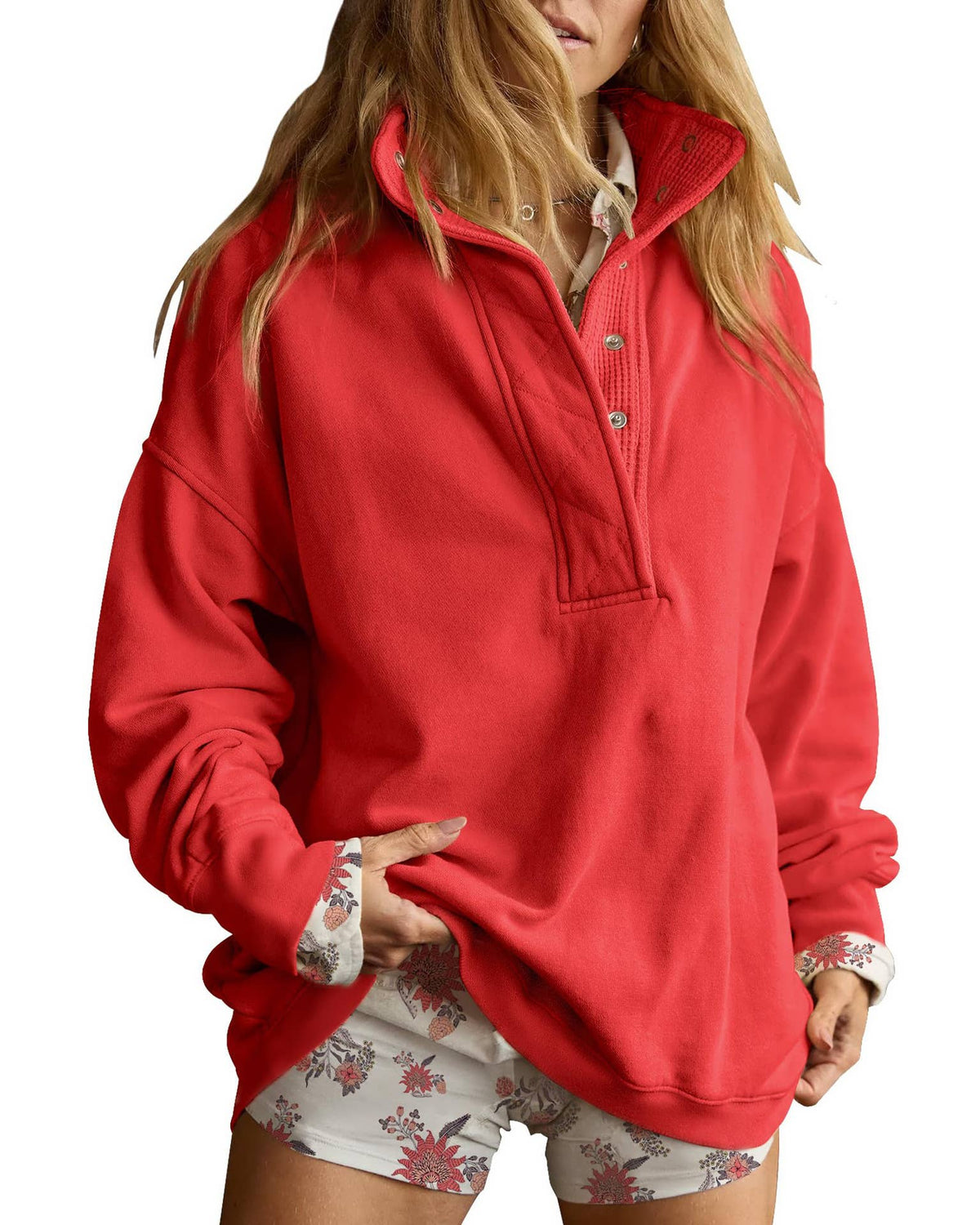 Women's Red Snap-Button Mock Neck Sweatshirt