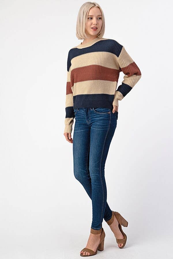 Wide Stripe Knit Sweater with Round Neck