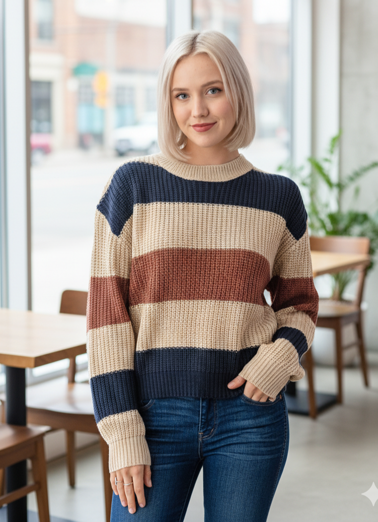 Wide Stripe Knit Sweater with Round Neck